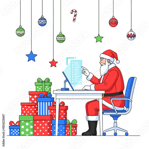 Vivid flat 2D vector illustration of a contemporary Santa Claus at a modern desk, efficiently reviewing his duties on a glowing holographic list, surrounded by floating festive ornaments.