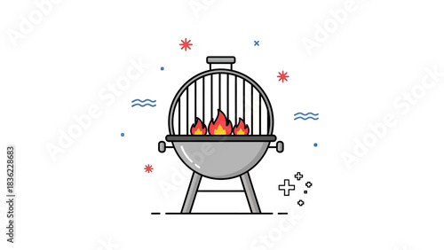 Minimalist line art icon of a classic round charcoal barbecue grill with a hot fire, representing summer cookouts and outdoor cooking