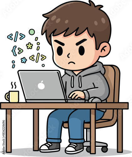 Cartoon programmer with laptop, looking angry and frustrated at code.
