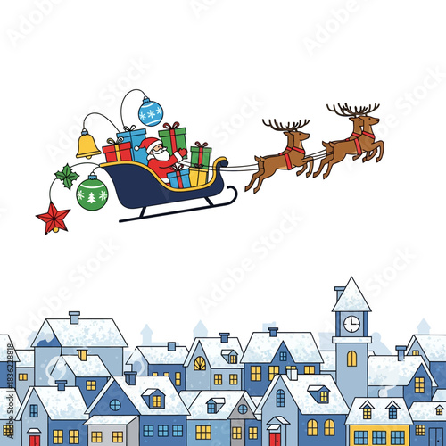 Flat 2D vector scene of Santa Claus flying his magic sleigh loaded with geometrically styled gift boxes and oversized festive ornaments like stars and baubles over a stylized winter village skyline.