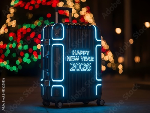 Neon illuminated luggage with 'HAPPY NEW YEAR 2026' text, set against blurred festive lights, symbolizing travel and new celebrations