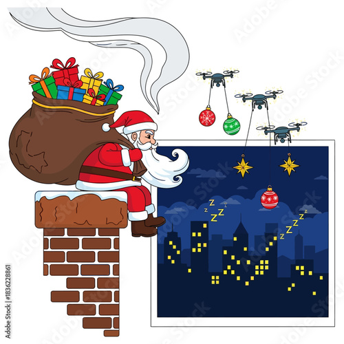 Ilustrasi 2D Sinterklas riang meluncur di cerobong membawa hadiah, dibantu drone mini canggih mengantar ornamen Natal ke cakrawala kota yang sedang tidur.