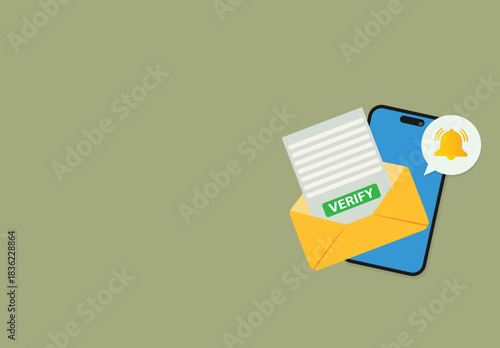  Mobile phone with a bell notification and verify mail. .Reminder on smartphone screen New message notification
