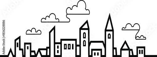 Minimalist urban skyline line art illustration with clouds above