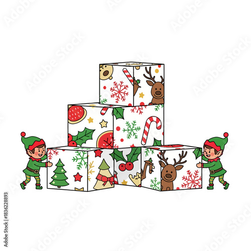 Dua elf riang menyusun modul pola Natal mulus vektor 2D (roti jahe, bintang, kepingan salju) di kanvas putih besar, menekankan kerja tim.