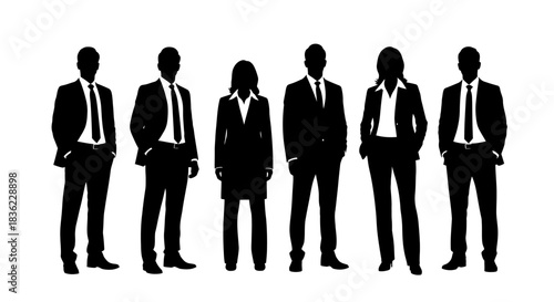 Silhouettes of six business professionals standing together in formal attire