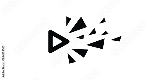 Abstract geometric play button dissolving into fragmented shapes on white background
