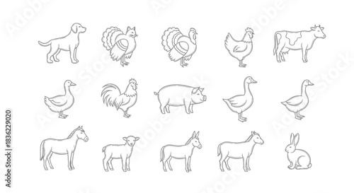 Collection of hand drawn farm animals in a sketchy outline style