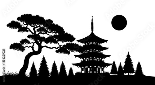 Silhouette of a japanese pagoda and ancient pine tree under a full moon