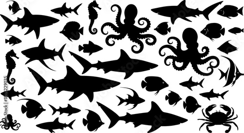 Collection of silhouetted marine life including sharks octopuses and seahorses