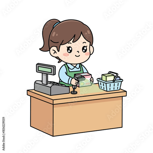 Cartoon cashier scanning items at checkout counter.