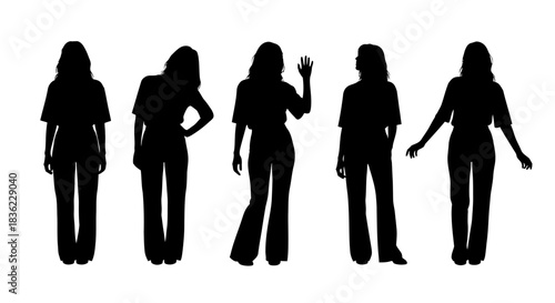 Diverse silhouettes of women posing in fashionable outfits against a white background