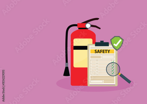 Fire fighting checklist. Extinguisher and paper tablet with checkmarks. Document at clipboard. Firefighting safety. Flame prevention checklist page. Extinguishing guidance
