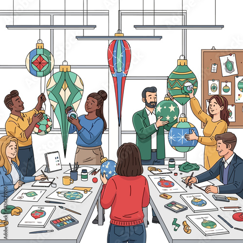 Flat 2D vector illustration: Diverse professionals collaborate in a bright workshop, preparing oversized Christmas stars, bells, and gingerbread men ornaments.