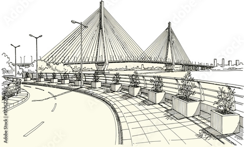 Hand-drawn sketch of calcutta, india's iconic vidyasagar setu bridge.