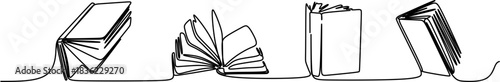 Set of continuous one-line drawing illustrations of open and closed books. Minimalist graphic concept for reading, education, literature, knowledge, and learning.