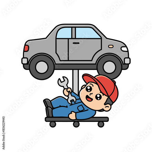 Cartoon mechanic lying on creeper repairing car.
