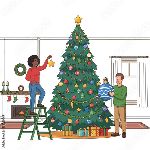 Festive flat 2D vector illustration shows two diverse adults hanging colorful ornaments, like gingerbread men and oversized bells, on a massive holiday evergreen tree in a spacious living room.