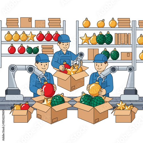 Ilustrasi vektor datar 2D cerah menunjukkan proses pengemasan ornamen Natal (merah, emas, hijau) oleh pekerja dan lengan otomatis pada jalur perakitan terorganisir untuk logistik.