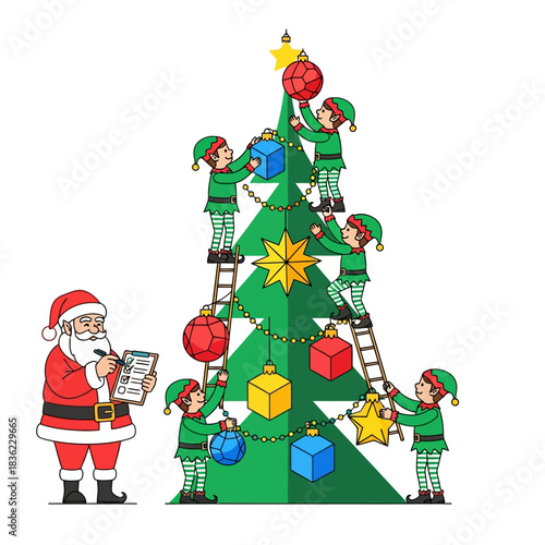 Ilustrasi vektor datar 2D: Sinterklas meninjau daftar periksa dibantu peri gembira menggantung ornamen geometris besar pada pohon Natal minimalis, latar belakang putih, ruang salinan.