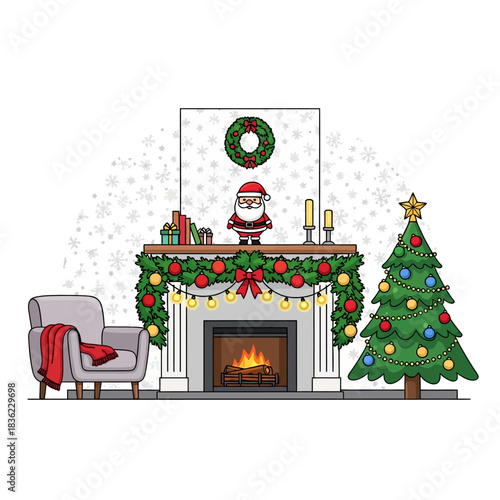 Flat 2D vector scene capturing a cozy Christmas morning living room interior, highlighting a festive mantle with holiday garland, ornaments, and a small stylized Santa figurine.