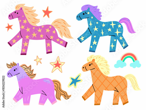 Four whimsical cartoon horses with stars and a rainbow