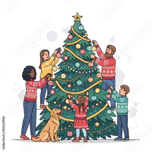 Festive flat 2D vector illustration: Diverse parents and two children hang ornaments and tinsel on a massive Christmas tree, watched by their pet dog.