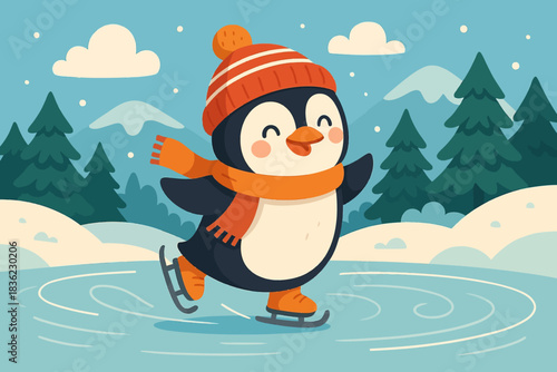 vector illustration of a penguin ice skating outdoor snow