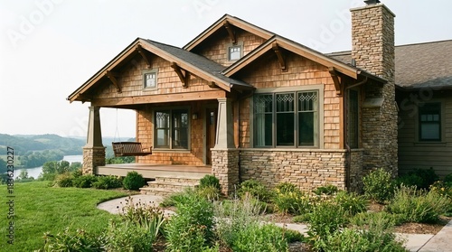 Beautiful craftsman house exterior situated on a lush green hill, showcasing warm natural materials, charming architectural details, and a peaceful scenic landscape