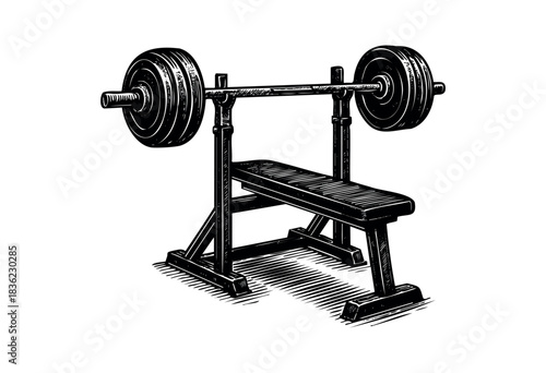 Vintage engraved illustration of a weight bench with barbell — stock vector.