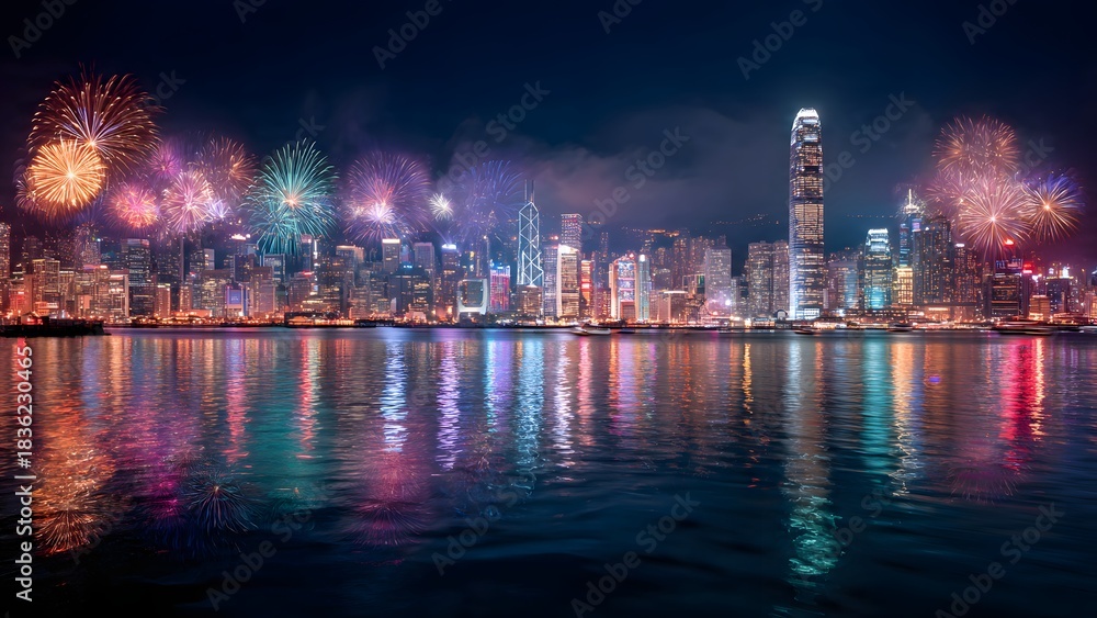 Fototapeta premium Breathtaking Hong Kong Skyline Fireworks Display at Night. Vibrant Cityscape Celebration reflected in Victoria Harbour, panoramic view.