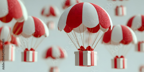 Red and white striped parachutes carrying gift boxes with red ribbons on white background, representing delivery or surprise concept. 3D Rendering