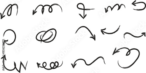 Hand drawn arrow set with various styles and directions on white background