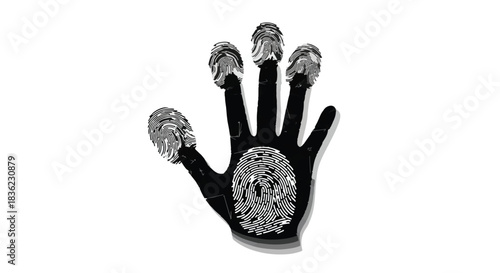 Close-up of a hand with fingerprints on each fingertip and palm, symbolizing identity and security.