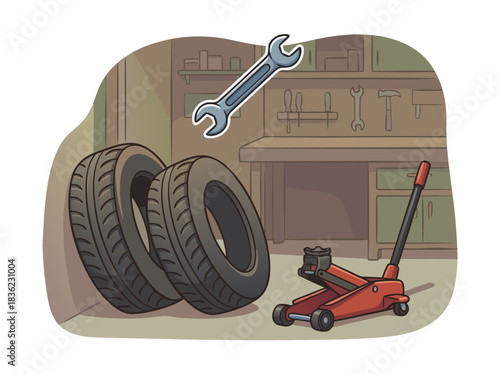 Illustration of car tires and a red hydraulic jack with a wrench in a workshop setting featuring tools on a shelf and a workbench