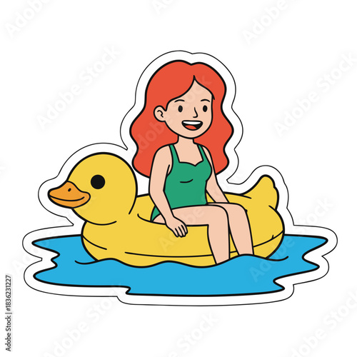 Joyful Red Haired Woman in Green Swimsuit Riding a Yellow Duck Float in Blue Water Enjoying Summer Vacation Fun Cartoon Style Flat Vector Art
