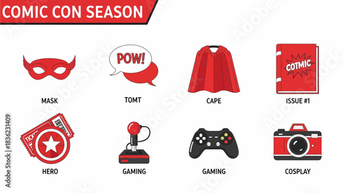 Collection of eight red and black icons related to Comic Con Season