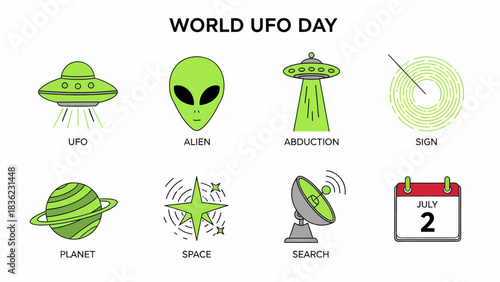Eight greenthemed icons related to UFOs and space under the title WORLD UFO DAY