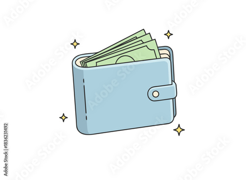 Light Blue Bifold Wallet Filled With Green Paper Money On A Black Background With Sparkles