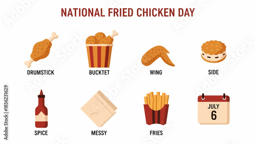 Graphic illustrating National Fried Chicken Day items drumstick bucket wing side spice messy fries and calendar