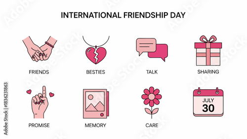 International Friendship Day icons showing hands jewelry chats gifts promises photos a flower and a calendar
