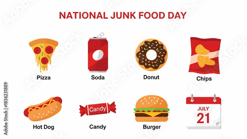 National Junk Food Day graphic displaying pizza soda donut chips hot dog candy burger and July 21 calendar