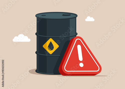 low-quality products. Barrel oil  with exclamation attention sign. Low demand. Sale of petroleum products and fuels. Global trading oil. Modern flat vector illustration.
