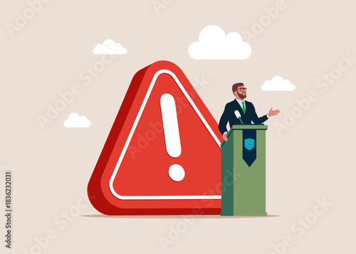Businessman leader or politician with exclamation attention sign. Politician lies about truth to win the election concept. Vector flat illustration
