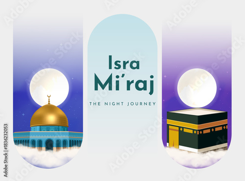 Isra Miraj 2026 Illustration with Dome of the Rock and Kaaba Under Full Moon for Islamic Night Journey Celebration