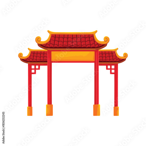 Traditional Chinese Gate Illustration with Red and Gold.