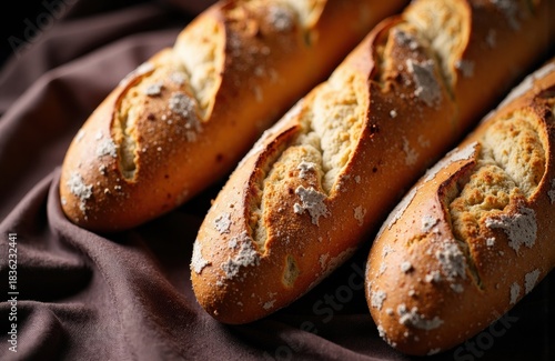 Baguettes on dark cloth with crusty freshly baked golden loaves and flour dusting