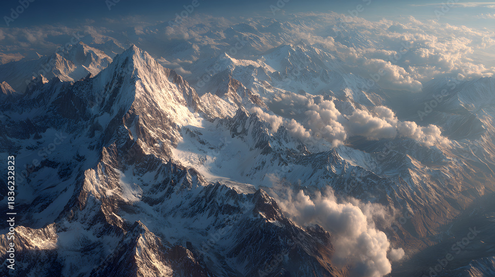 Fototapeta premium Aerial view of snow capped mountain range with clouds and sunlight casting shadows on the peaks