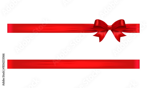 Red ribbon with bow on right and lower strip, glossy vector banner element for vouchers, coupons, promo designs and gift packaging