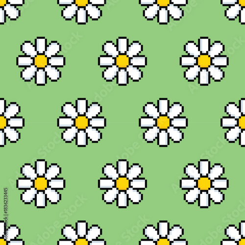 pixel chamomile  Seamless Pattern vector background pixel art for 8 bit game	
